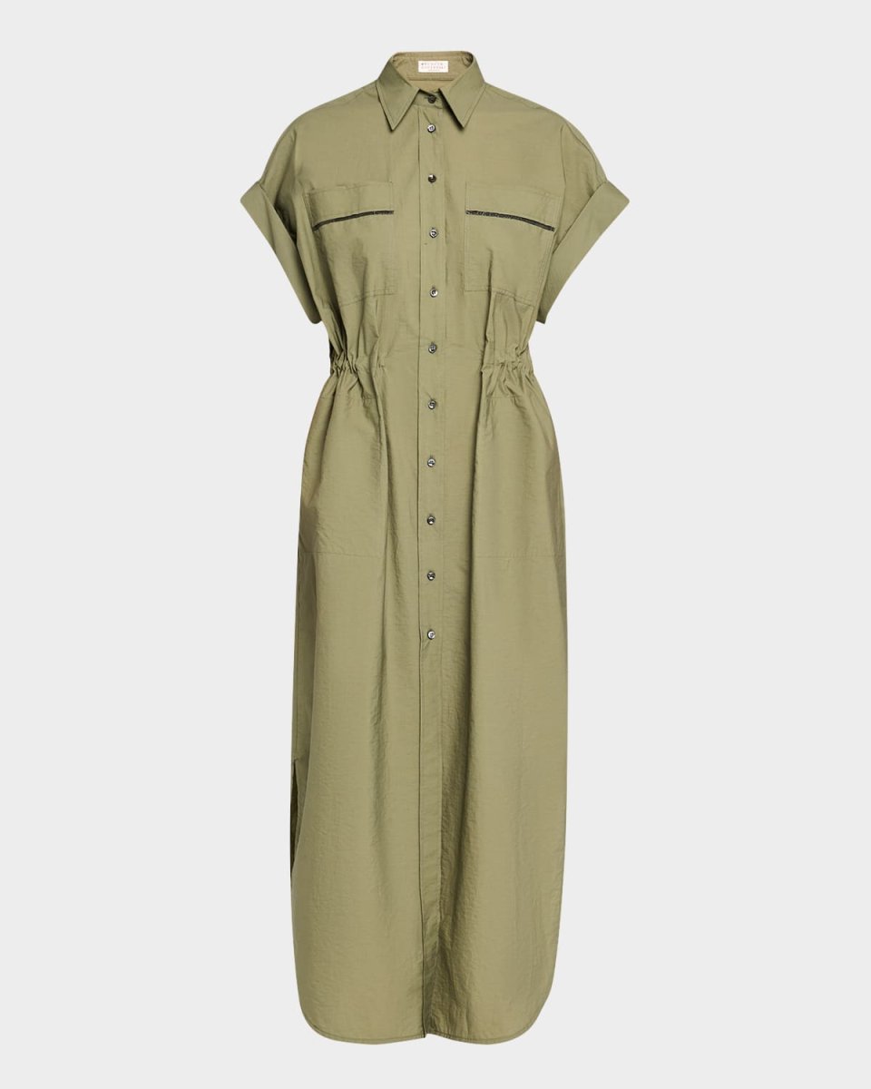 Monili-Trim Short-Sleeve Techno Cotton Poplin Midi Shirtdress